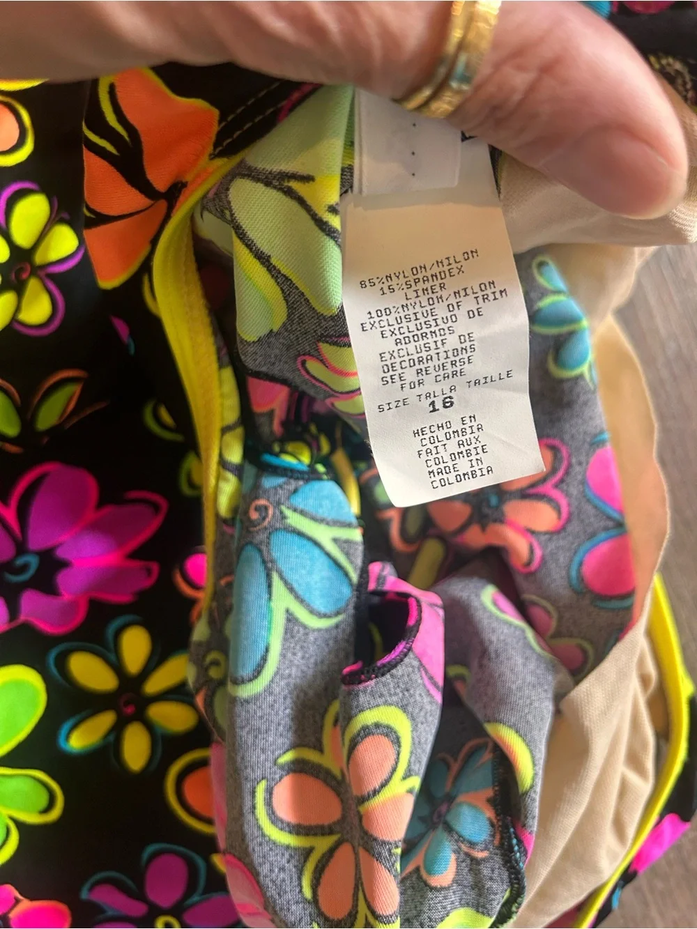 La Blanca Girls One Piece Swimsuit Size 16 Black Neon Floral Yellow Trim